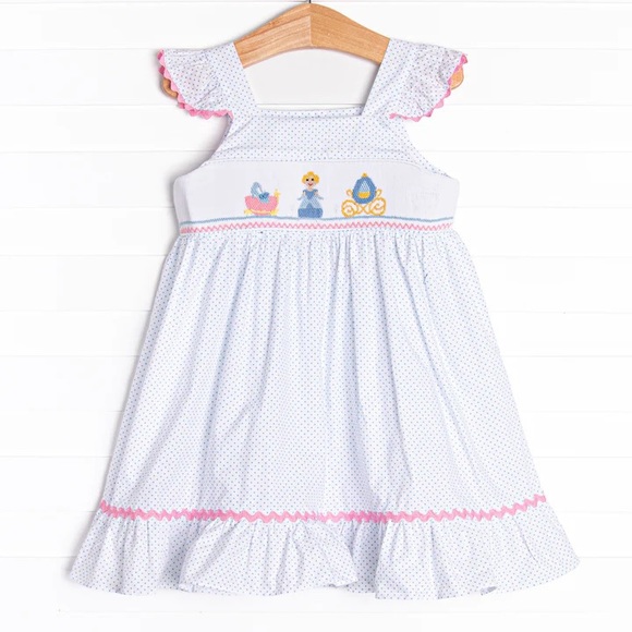 Stitchy fish Disney Glass Slipper Smocked Dress, Blue Bitty Dot